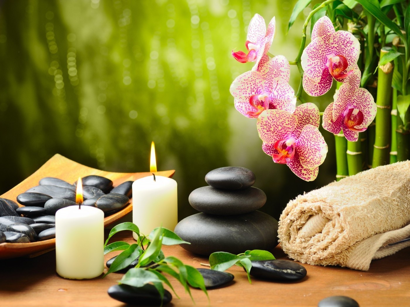 Candles, Rocks, Towel and Orchids